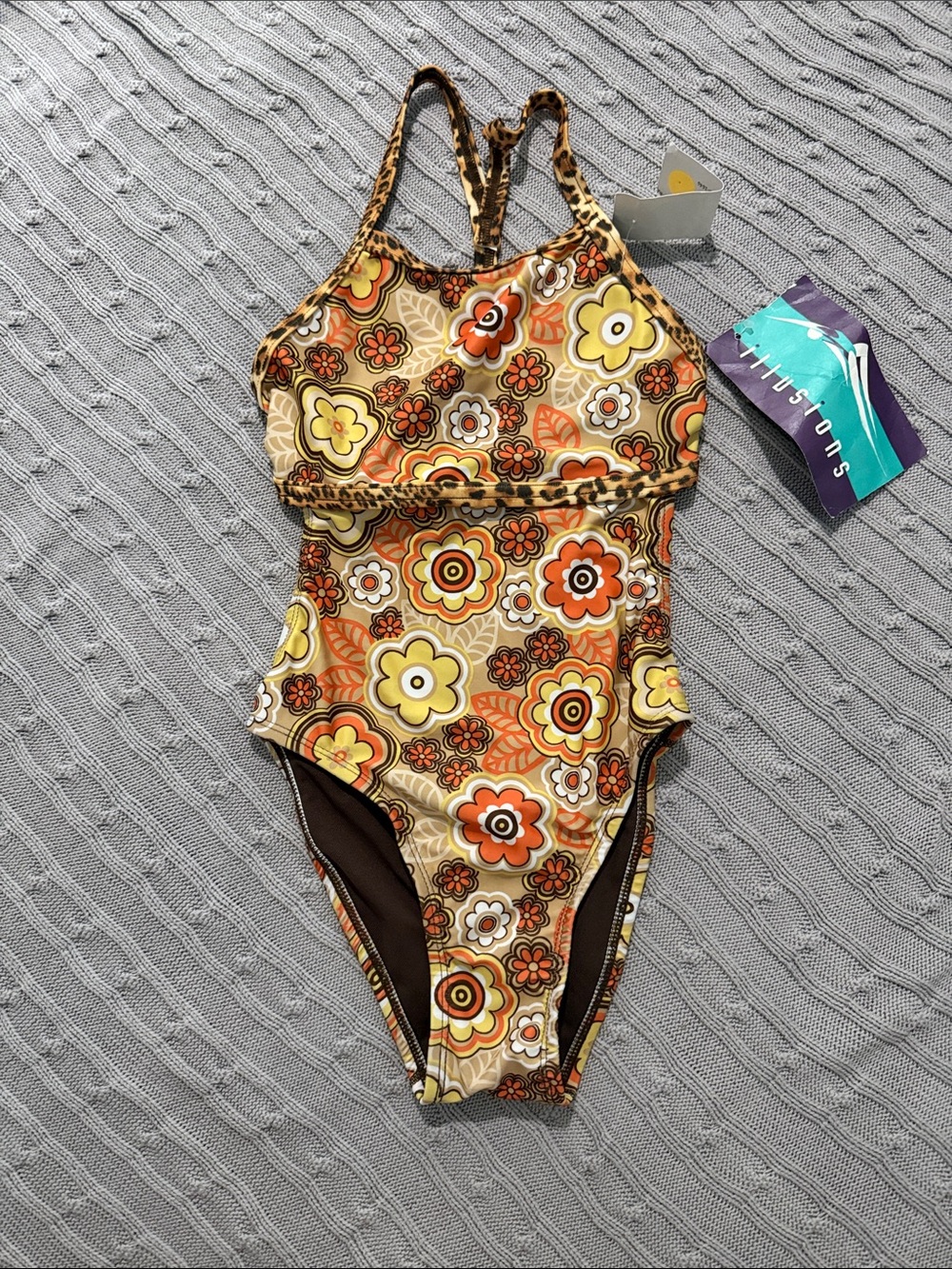 Illusions Kids 10 Retro Floral One-Piece Swimsuit Yellow & Orange with cheetah